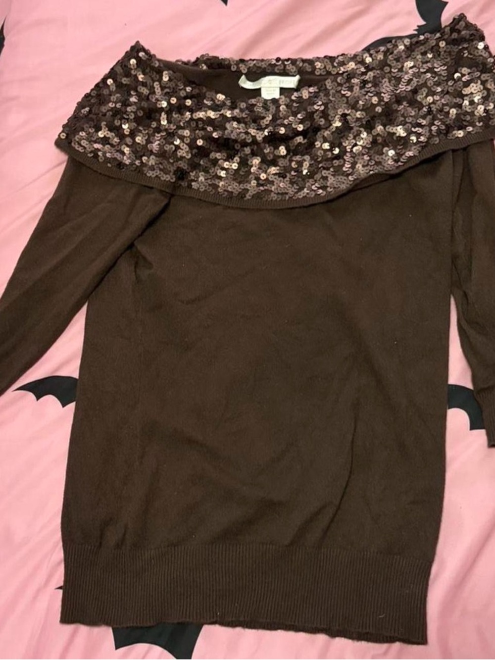 Boston Proper Brown Off-Shoulder Sweater with Sequin Trim